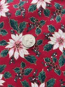 VTG Wamsutta Pink And White Poinsettia Holly Gold Christmas Fabric 2 Yards - Picture 1 of 2