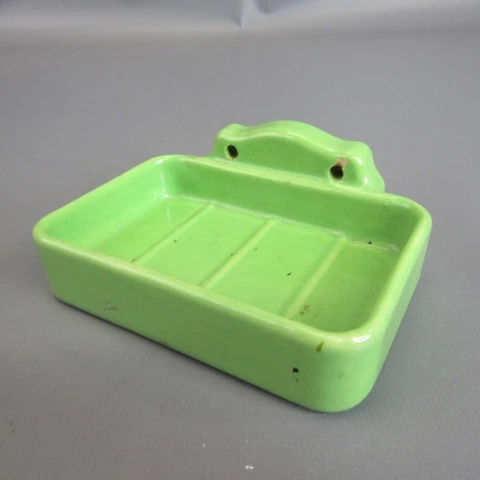 Vintage Green Porcelain Soap Dish 3.25" x 4" Bath Tub Shower Shelf Mid Century Cover
