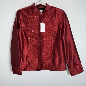 Chico's Silky Button Front Jacket Blazer-Sequin-Red-Holiday-SZ 1 (M) NEW - Picture 1 of 10