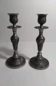 Pair Vintage Ornate Floral And Scroll Textured Taper Candle Sticks Holders 9"H - Picture 1 of 13