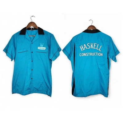 Camisa de Bowling Hilton Vintage Años 60 en Azul Talla M Haskell Construction Freddie Foto 1 de 4