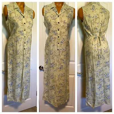 LIZ CLAIBORNE GREEN LINEN BLEND FLORAL W/ BUTTERFLIES BUTTON DOWN DRESS SZ 6 (M) - Image 1 of 4