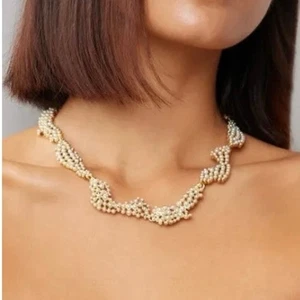 Oscar de la Renta Crystal Torn Paper Pearl Glamour Antique Gold Tone Necklace - Picture 1 of 12