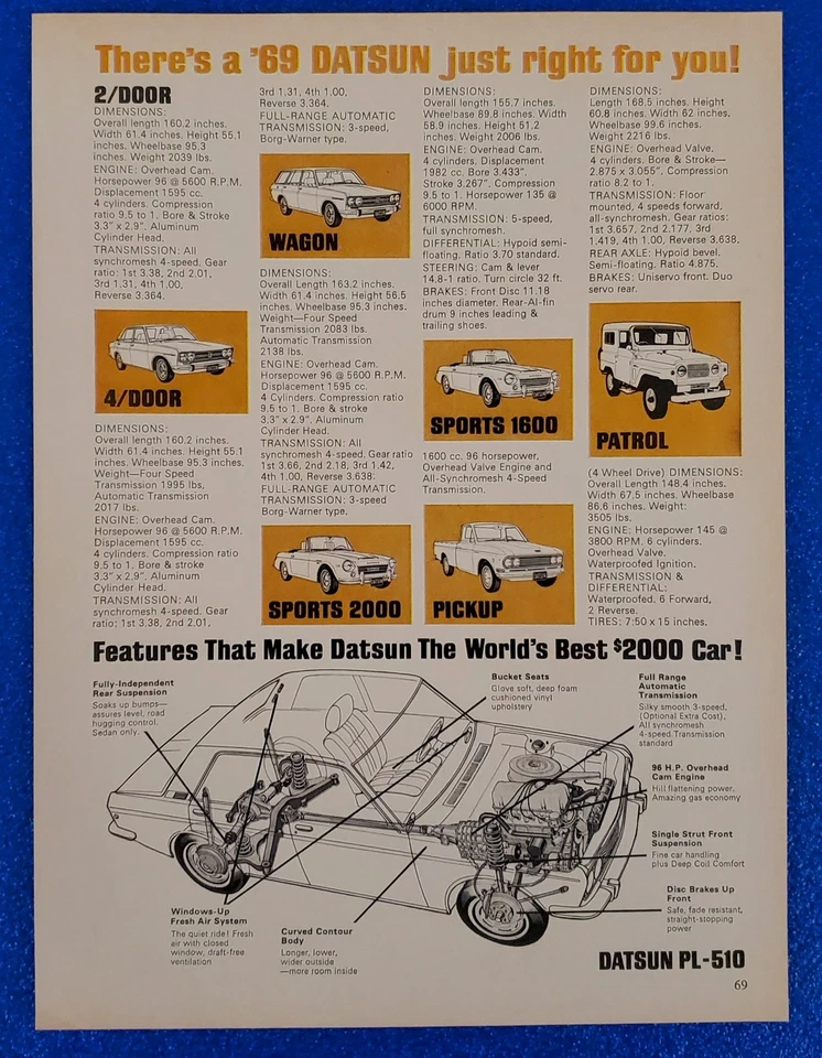 Anuncio impreso original clásico Datsun 1969 "hay un Datsun 1969 justo para ti" Foto 1 de 1