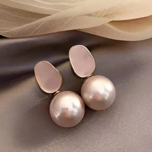 Women 925 Sterling Silver Earring Stud Retro French Style Super Large Pearl - Picture 1 of 4