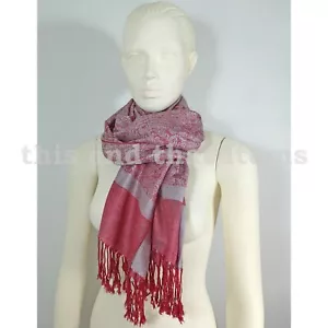 PASHMINA SCHAL TUCH PAREO STOLA KOPFTUCH THAI CASHMERE GRENADINE ROT GRAU #S75 - Bild 1 von 5