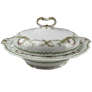 Limoges France Lidded Serving Bowl Gold Trim W/ Handle Pink Floral G Ahrenfeldt - Picture 1 of 17