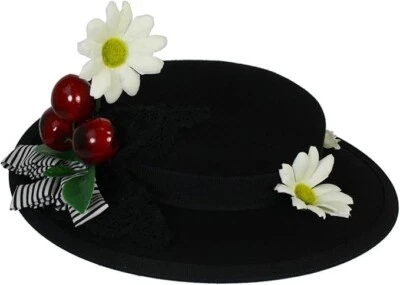 Classic English Nanny Women Victorian Daisy Cherries Halloween Costume Hat Black - Image 1 of 4