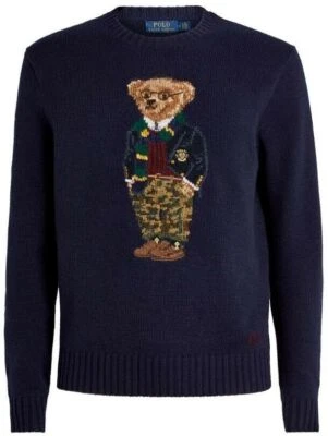 Polo Ralph Lauren Navy Knit CAMO PANTS Preppy BEAR Cotton Blend Sweater Men's - Image 1 of 4