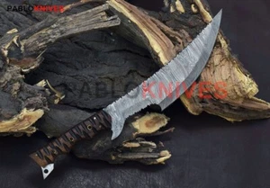14" Custom Hand Forged Damascus Steel Hunting Full Tang Knife Wood Handle - Picture 1 of 4