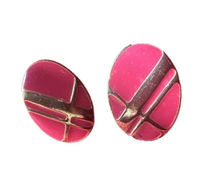 Pink With Gold Stripe Oval Button Earrings - Picture 1 of 4