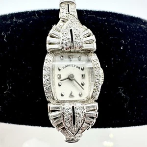 Antique HAMILTON Platinum 5.69ct Baguette Pear & Marquise Diamond Cocktail Watch - Picture 1 of 5