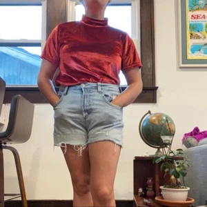 Vintage 80's 90's Solid Red Mock Neck Short Sleeve Velvet Blouse - Picture 1 of 6