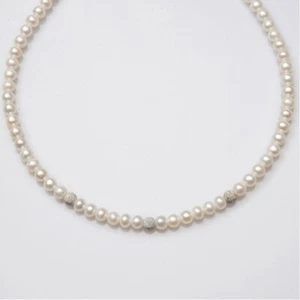 Collana girocollo filo di perle naturali e sfere diamantate in oro bianco 18 kt - Imagen 1 de 1