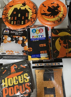 Halloween Party Supplies Paper Plates Napkins balloon arch table cover & banner - Image 1 of 4