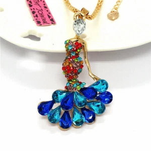 Betsey Johnson Crystal Fancy Dancing Lady Gold Pendant Necklace Free Gift Bag - Picture 1 of 6