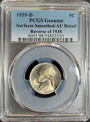 1939-D Jefferson Nickel (Reverse of 1938) PCGS Genuine AU Detail - Image 1 of 2