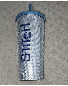 DISNEY BIOWORLD STITCH 20 OZ REISEBECHER & STROHHALM MIT SCHMUCKSTEINEN BESETZT STRASS PLATIC SELTEN - Bild 1 von 7
