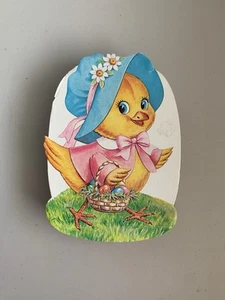 Vintage Easter Chick Cardboard Box Girl Chick In Blue Bonnet - Picture 1 of 7
