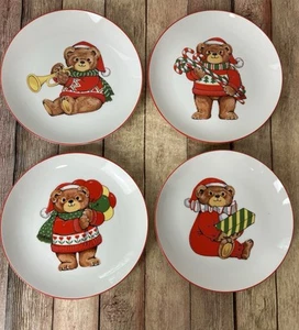 Vintage 4 Porcelain Teddy Bear Christmas Dessert Plates Made In Japan New W/Box - Picture 1 of 9