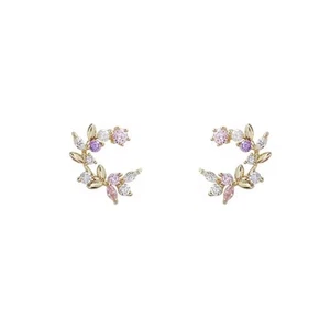 Floral Crystal Earrings Gold Tone with Pink & White Stones Women’s Jewellery - Picture 1 of 4