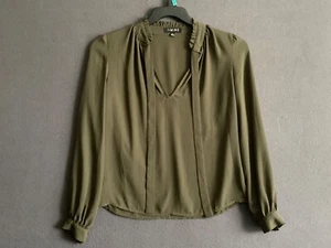 Timing Olive Green S Blouse High Ruffle Neck Long Sleeve Tie Front Office Wear - Picture 1 of 5