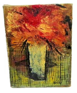 DE LA ROSA Explosive Abstract Oil Painting Floral Vase MODERNIST Mid Century Mod - Picture 1 of 9