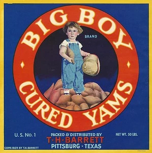RARE OLD ORIGINAL 1929 "BIG BOY BRAND" YAM CRATE LABEL (BARRETT) PITTSBURG TEXAS - Imagen 1 de 1
