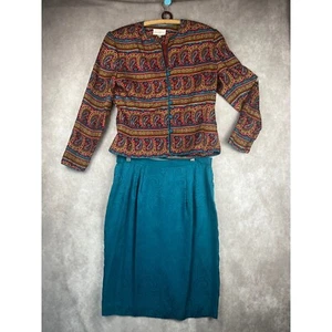 De Colección Adrianna Papell Seda Falda Traje Wm 12 Azul Paisley 2 Piezas Chaqueta Falda Conjunto - Imagen 1 de 18