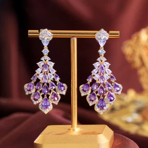 Women Yellow Gold Plated CZ Purple Crystal Chandelier Teardrop Dangle Earrings - Picture 1 of 8