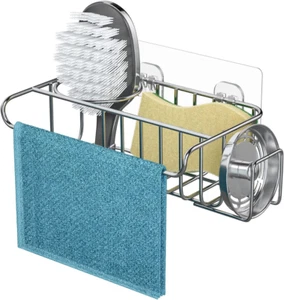 4 in 1 Adhesive Sink Caddy Sponge Holder, SUS304 Stainless Steel Sink Basket Bru - Picture 1 of 12
