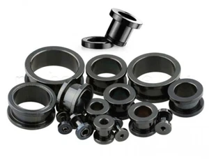 PAIR 16g-00g Black Titanium Anodized 316L Steel Screw Fit Flesh Tunnel Ear Plugs - Picture 1 of 3