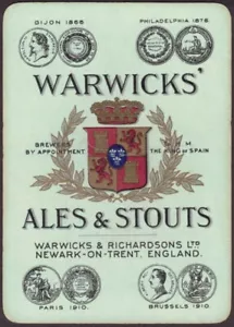 Tarjetas de Juego Tarjeta Única Antigua Ancha WARWICKS Cervecería ALES STOUT BEER Publicidad - Imagen 1 de 3