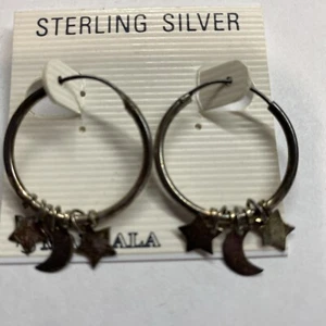 Sterling Silver Moon & Star Earrings - Marsala Hoop w/Dangle NEW - Picture 1 of 4