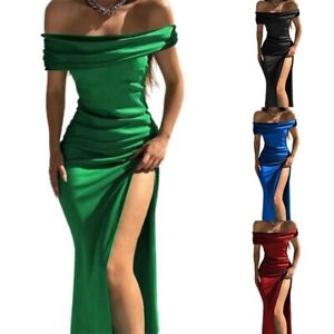 Stylish Off Shoulder Satin Pleated Dress for Women High Split Evening Dress