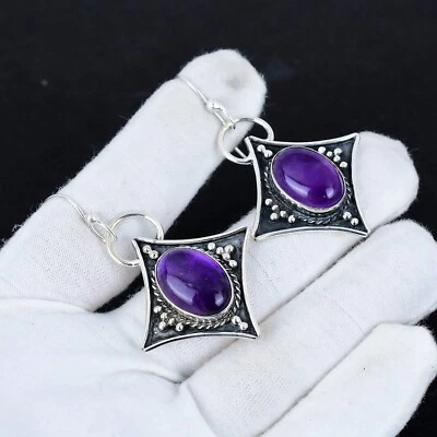 Ametista Gemma 925 Argento Sterling Mano Gioielli Orecchino Regalo per Lei - Immagine 1 di 4