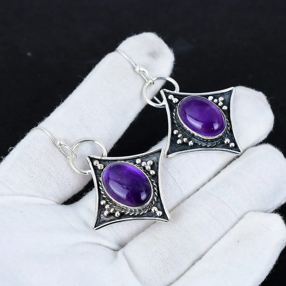 Ametista Gemma 925 Argento Sterling Mano Gioielli Orecchino Regalo per Lei - Immagine 1 di 4
