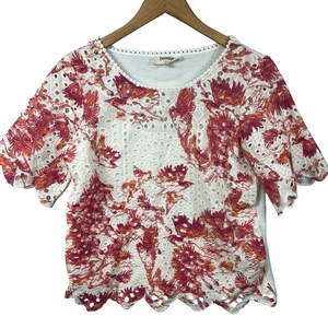 Porridge Anthropologie White Pink Arber Eyelet Short Sleeeve Top Size XS Bird - Picture 1 of 11