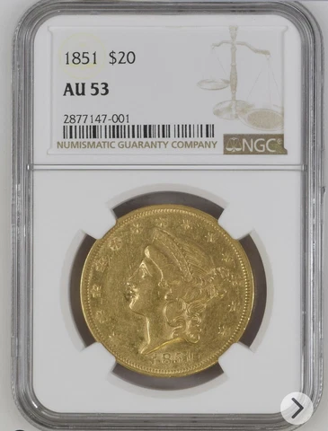 1851 AU53 NGC Liberty Double Eagle $20 Gold Coin Cover