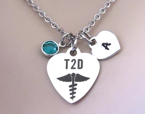 Type 2 Diabetic T2D Necklace w/ Initial and Birthstone, Diabetes Medical Alert - Picture 1 of 5