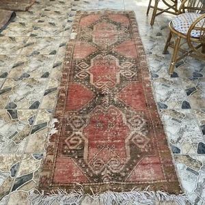 Vintage Turkish Rug, Tribal Oushak Handmade Wool Kurdish Antique Carpet 3x9.6 ft - Picture 1 of 19