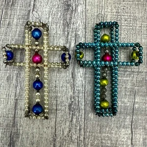 Antique Victorian Czech Mercury Glass 3D Bead Wire Christmas Cross Ornaments - Picture 1 of 9