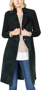 INC Womens Faux Suede Green Trench Midi Long Length Coat Fur Button Up $399 - Picture 1 of 4