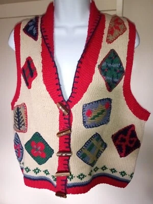 Chaleco Suéter Vintage Hunt Club Cuello en V Abotonado Mediano Mezcla de Algodón Retazos Foto 1 de 4