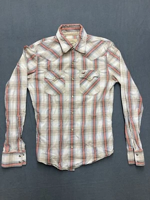 Camisa Hollister Para Hombres Pequeña Perla Occidental A Presión Beige Rosa Cuadros Algodón Bolsillos Foto 1 de 4