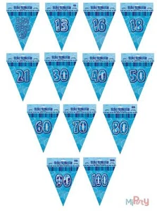 Birthday Blue Glitz - 9ft Triangle / Flag Bunting, Boy, Male, Ages 13 to 100 - Picture 1 of 14