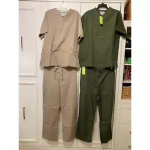 Natural Workwear Unisex Scrub Set 4 Pc Beige & Green Size Large - Picture 1 of 7