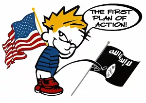Calvin Peeing on ISIS Flag Bumper Sticker Cartoon Boy Pissing on Terrorist Decal - Picture 1 of 2