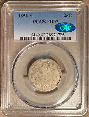 1856-S PCGS & CAC FR02 Liberty Seated Quarter 25c - San Francisco Mint - Image 1 of 2