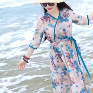 Femme Ethnique Maxi Robe Col V Imprimé Floral Coton Lin Rétro Lacets - Picture 1 of 14